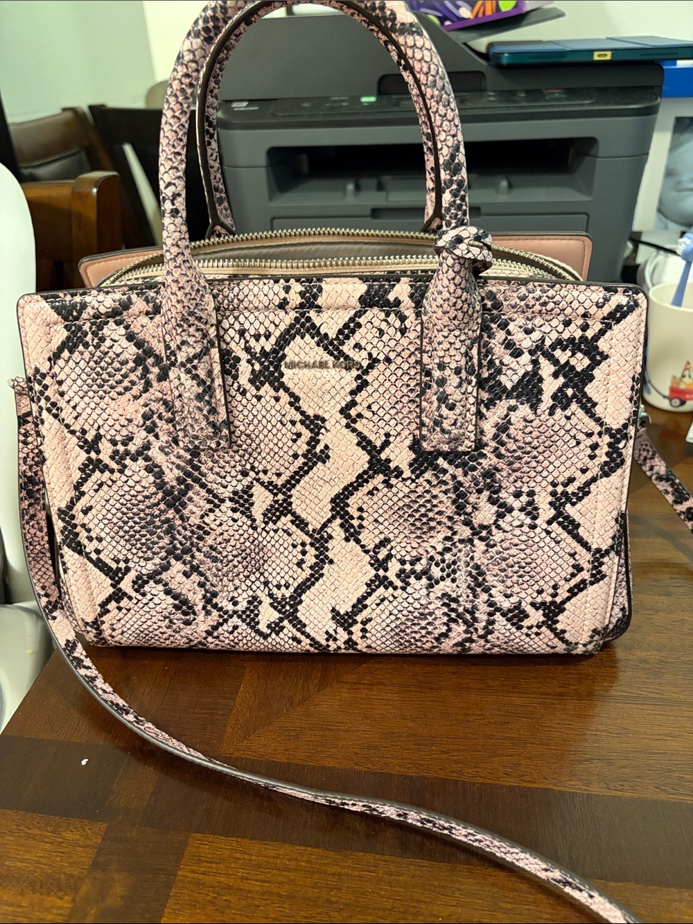 Michael Kors Pink and Black Snake-Print Satchel
